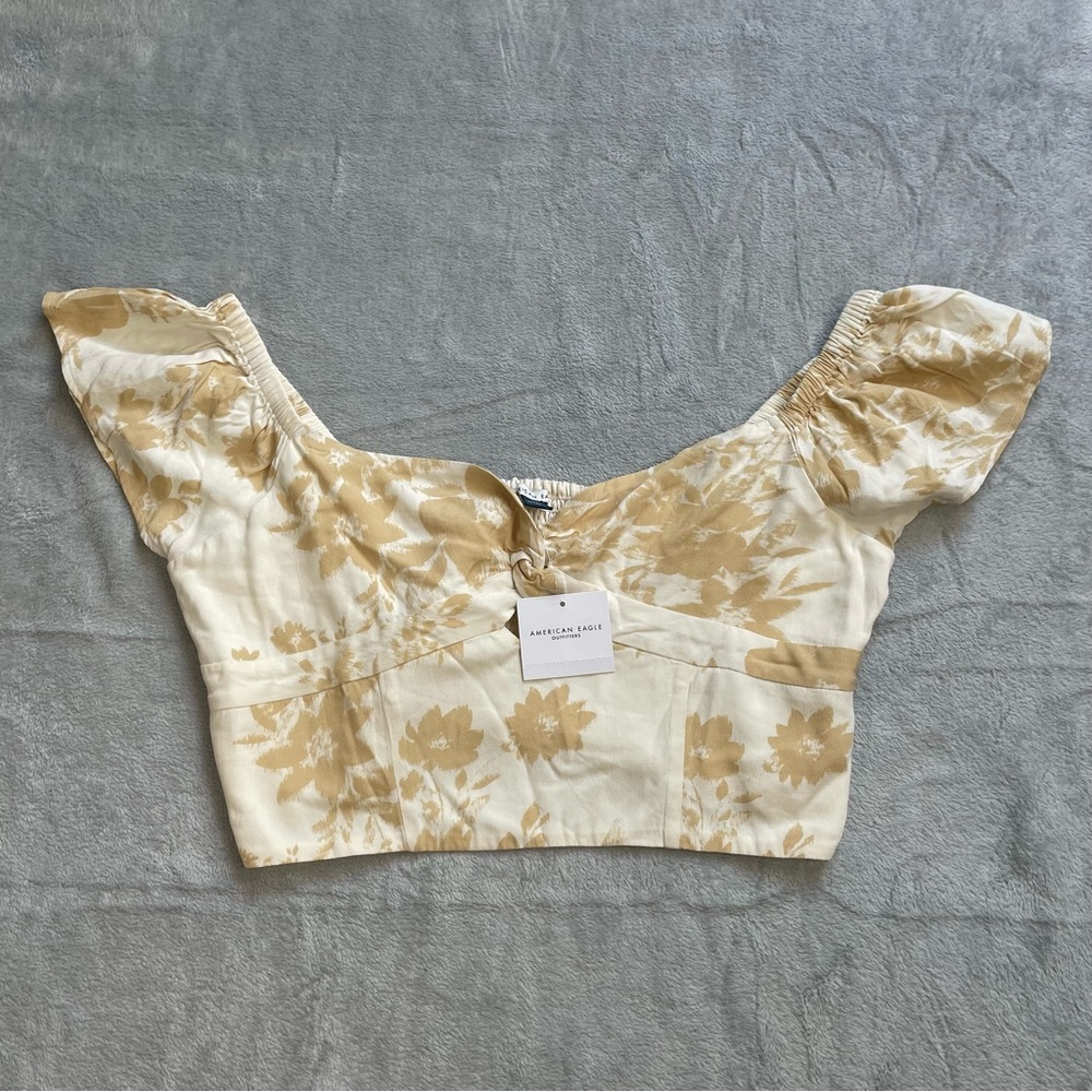 New American Eagle Crop Top Shirt Large Womens Peasant Boho Floral Smocked